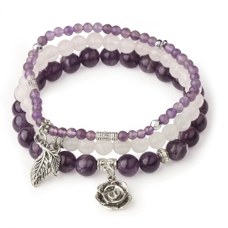 3 Row Bracelet Natural Healing Crystal with Rose Charm Bracelets