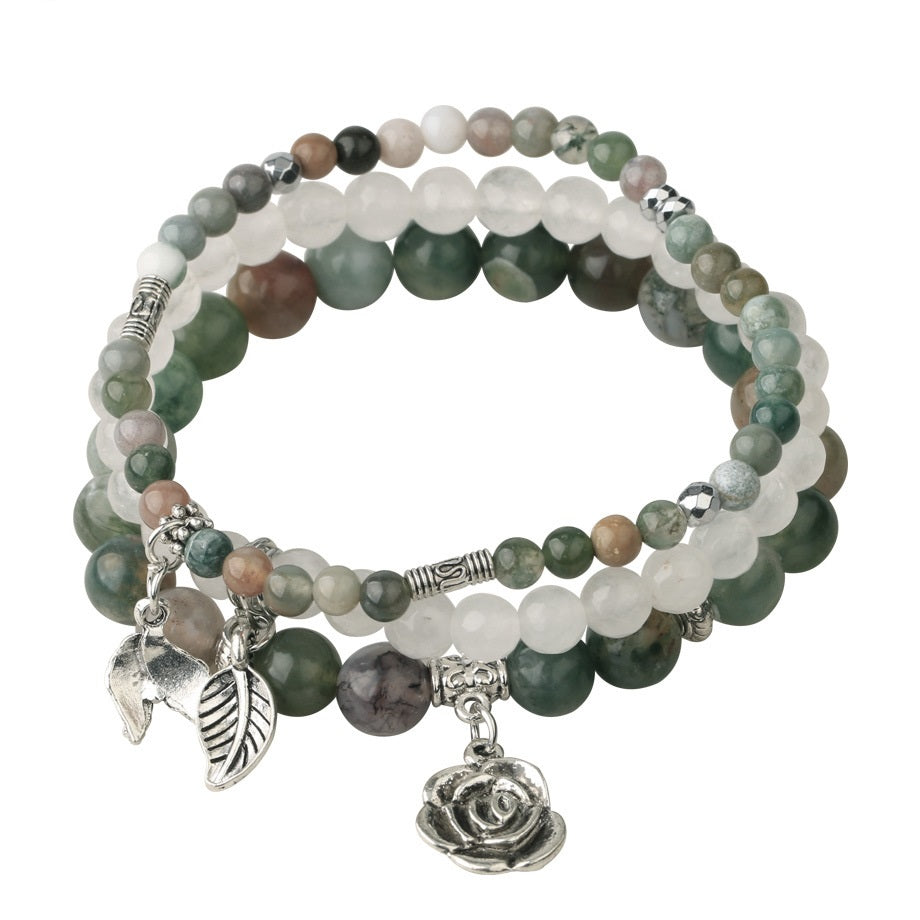 3 Row Bracelet Natural Healing Crystal with Rose Charm Bracelets