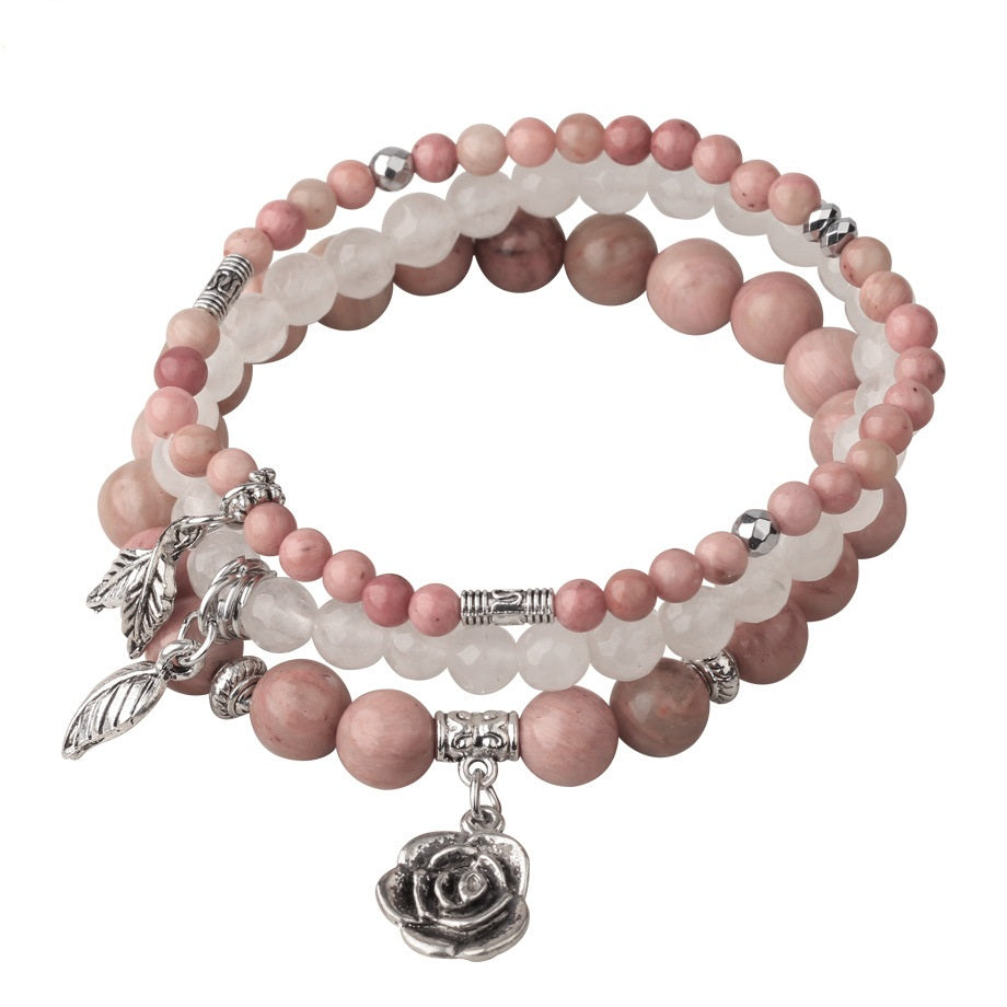 3 Row Bracelet Natural Healing Crystal with Rose Charm Bracelets