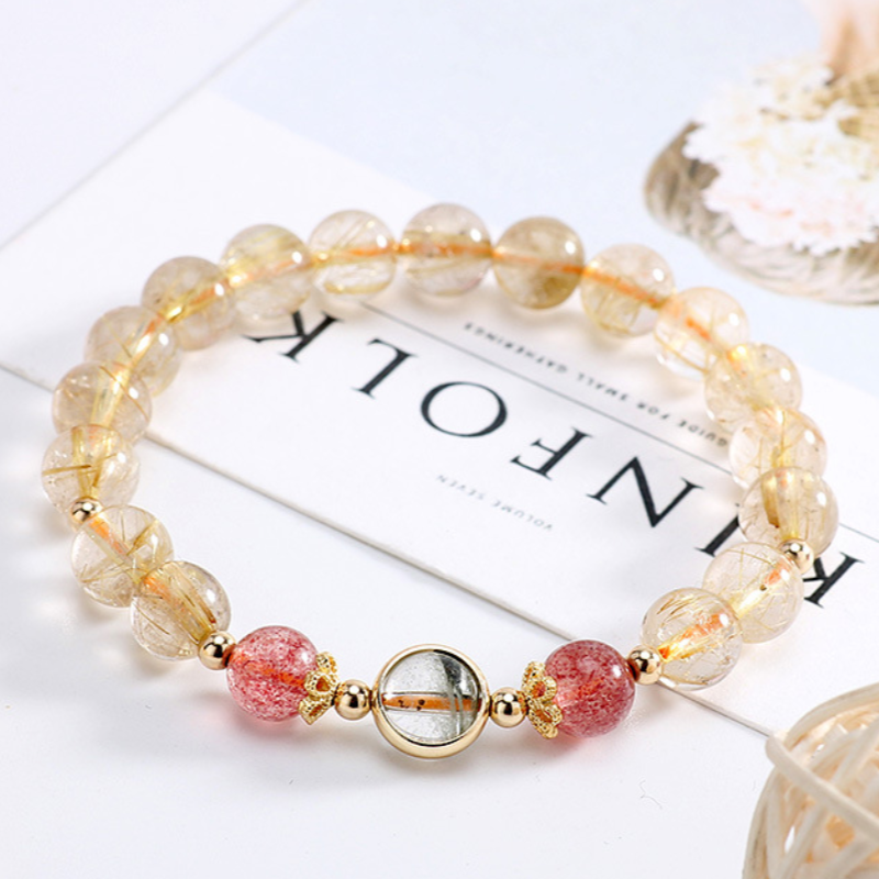 7mm Golden Rutilated Quartz with Strawberry Quartz and Phantom Quartz Bracelet