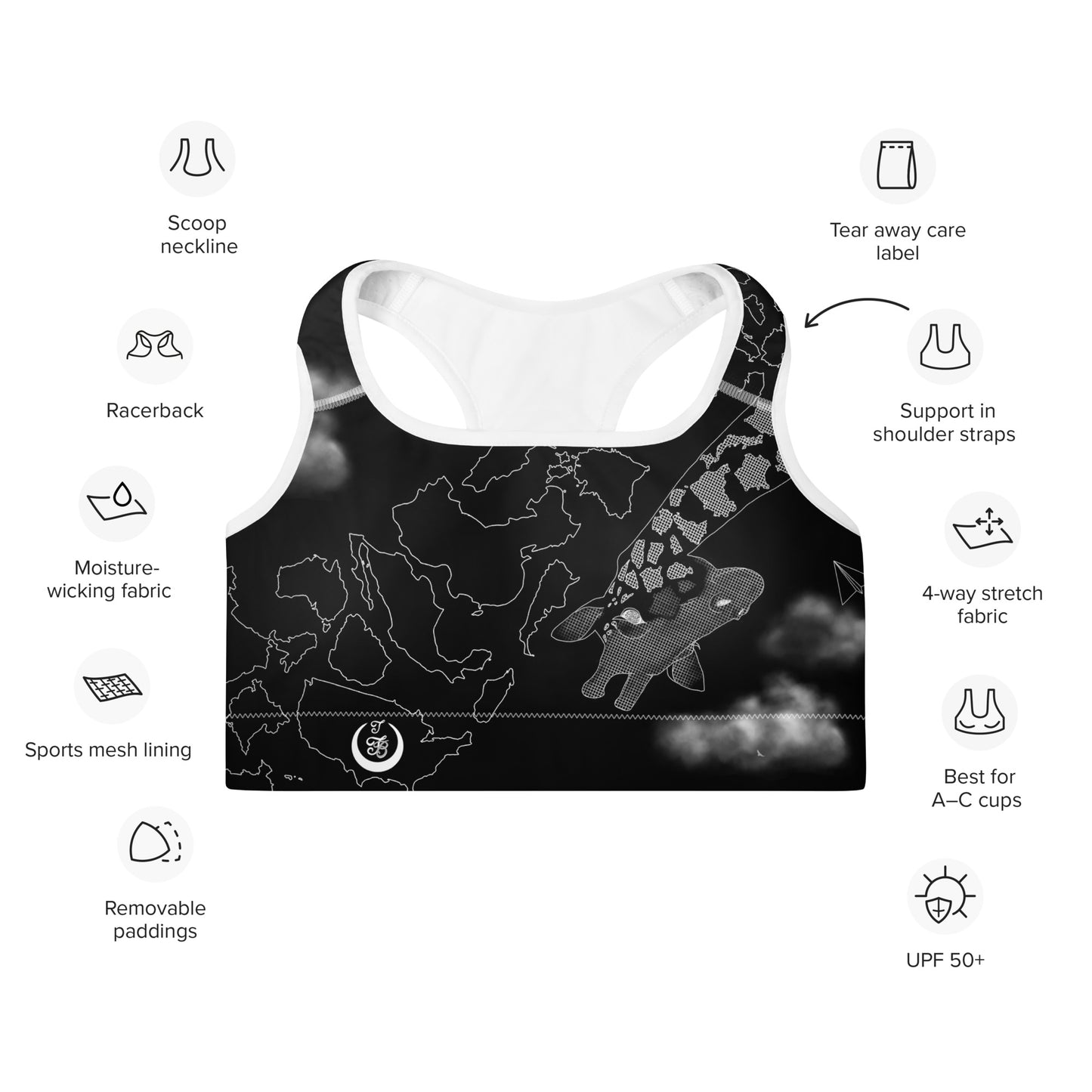 Countries Giraffe Padded Sports Bra --- Black