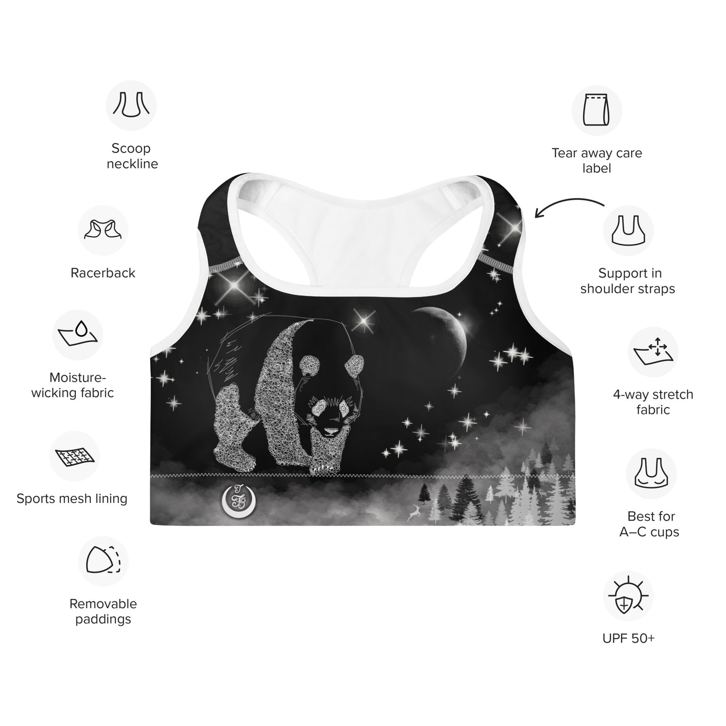 Galaxy Panda Padded Sports Bra --- Jet Black