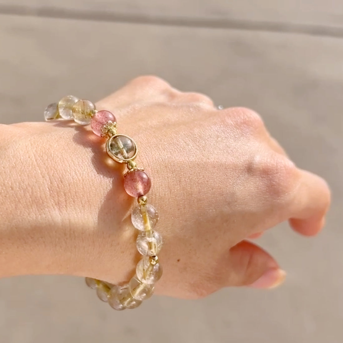 7mm Golden Rutilated Quartz with Strawberry Quartz and Phantom Quartz Bracelet