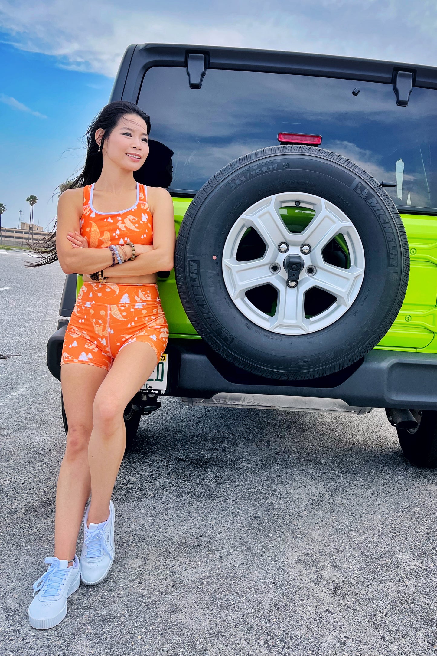 Panda Pattern Yoga Shorts --- Cheerful Orange
