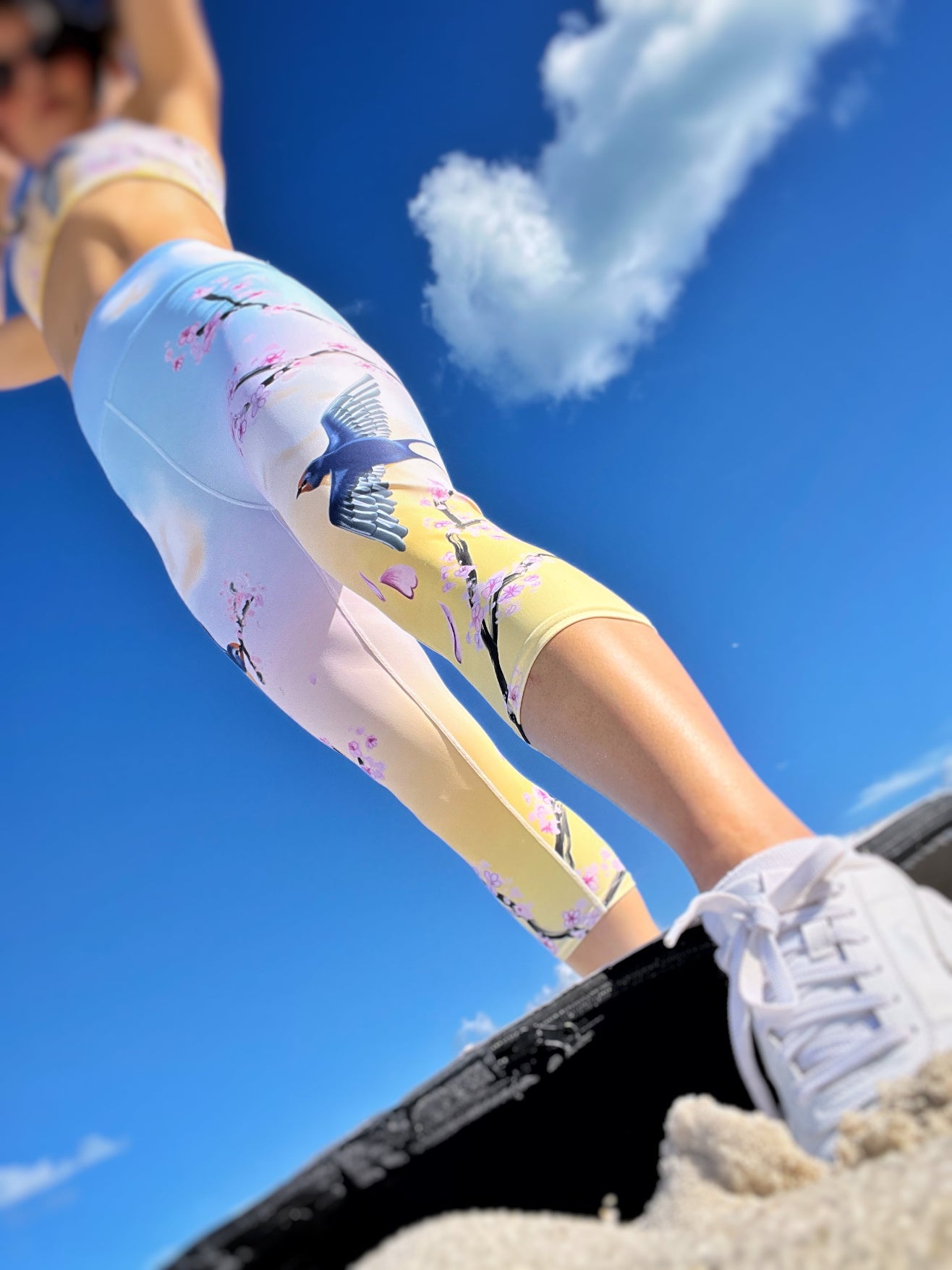 Swallow Cherry Blossom Yoga Capri Leggings --- Sunrise