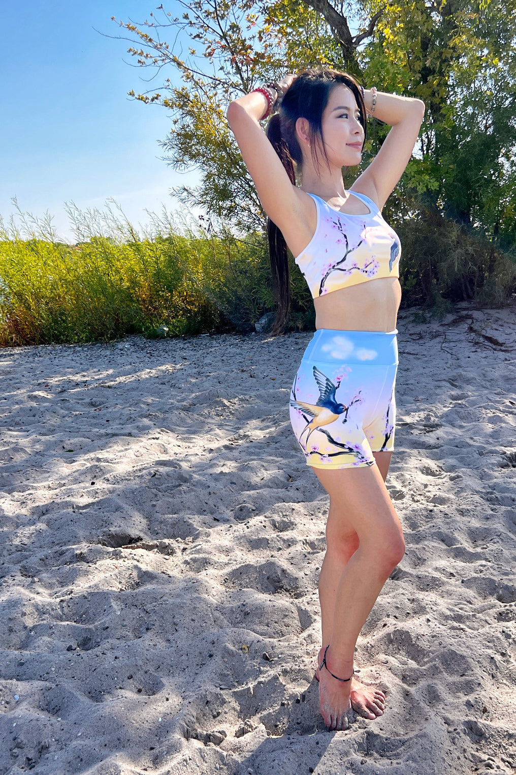 Swallow Cherry Blossom Yoga Shorts --- Sunrise