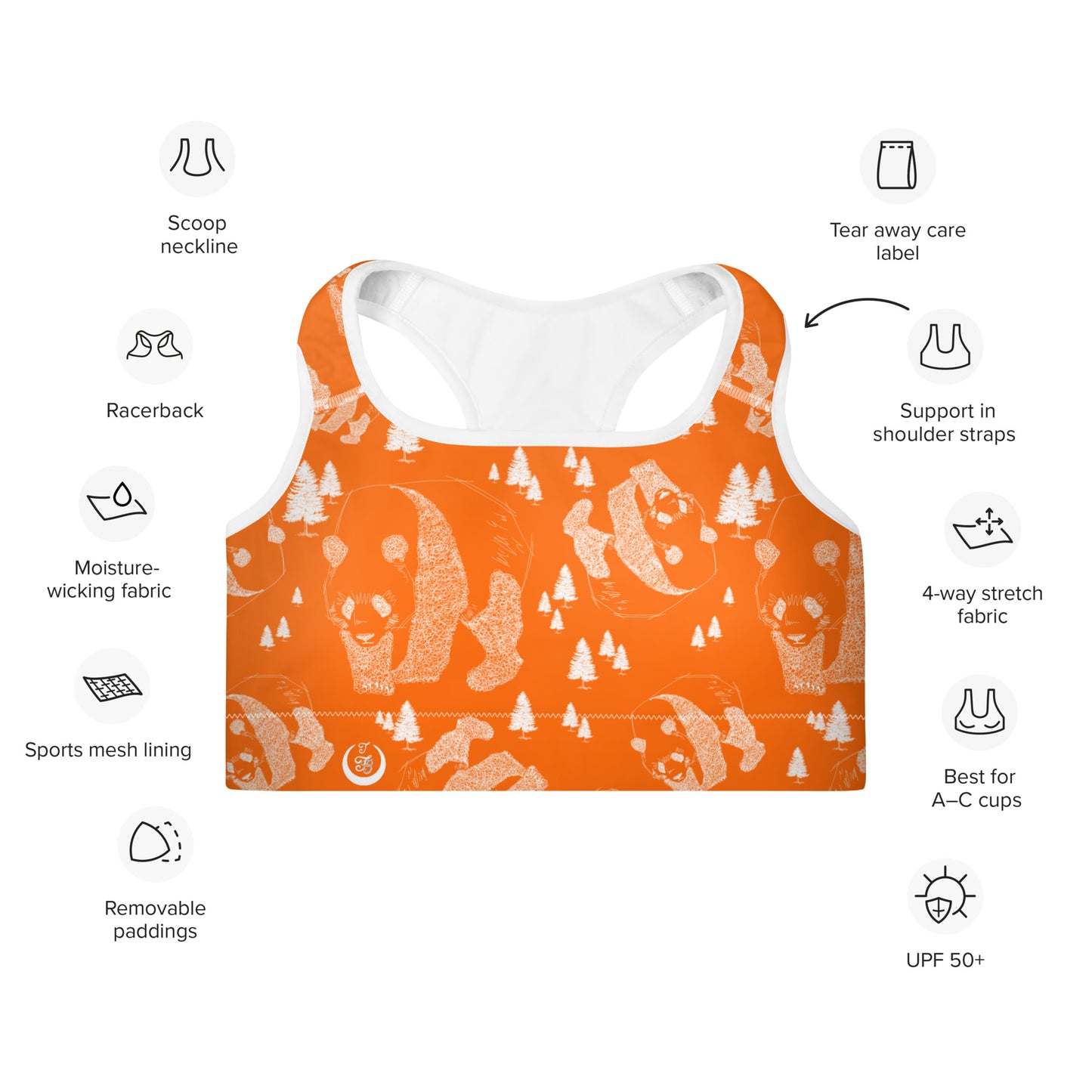 Panda Pattern Padded Sports Bra --- Cheerful Orange