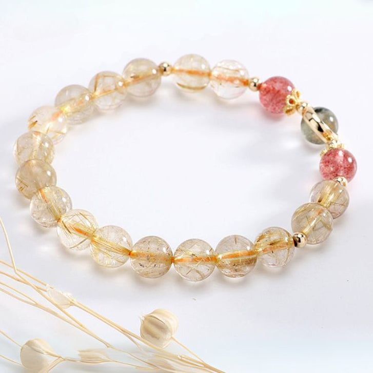 7mm Golden Rutilated Quartz with Strawberry Quartz and Phantom Quartz Bracelet