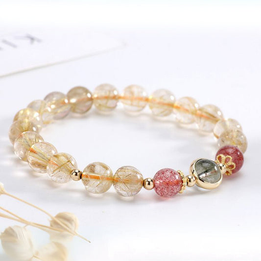 7mm Golden Rutilated Quartz with Strawberry Quartz and Phantom Quartz Bracelet