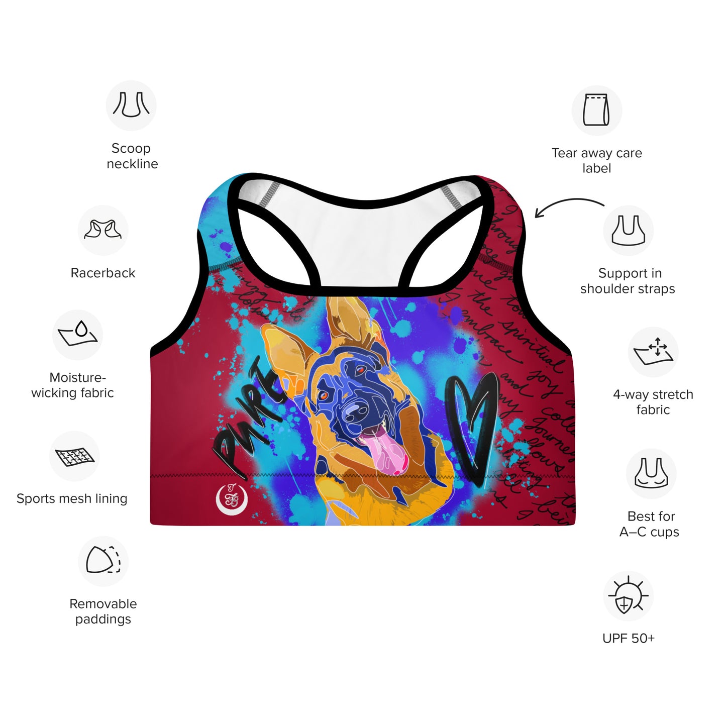 Pure Love German Shepherd Padded Sports Bra --- Fiery Red