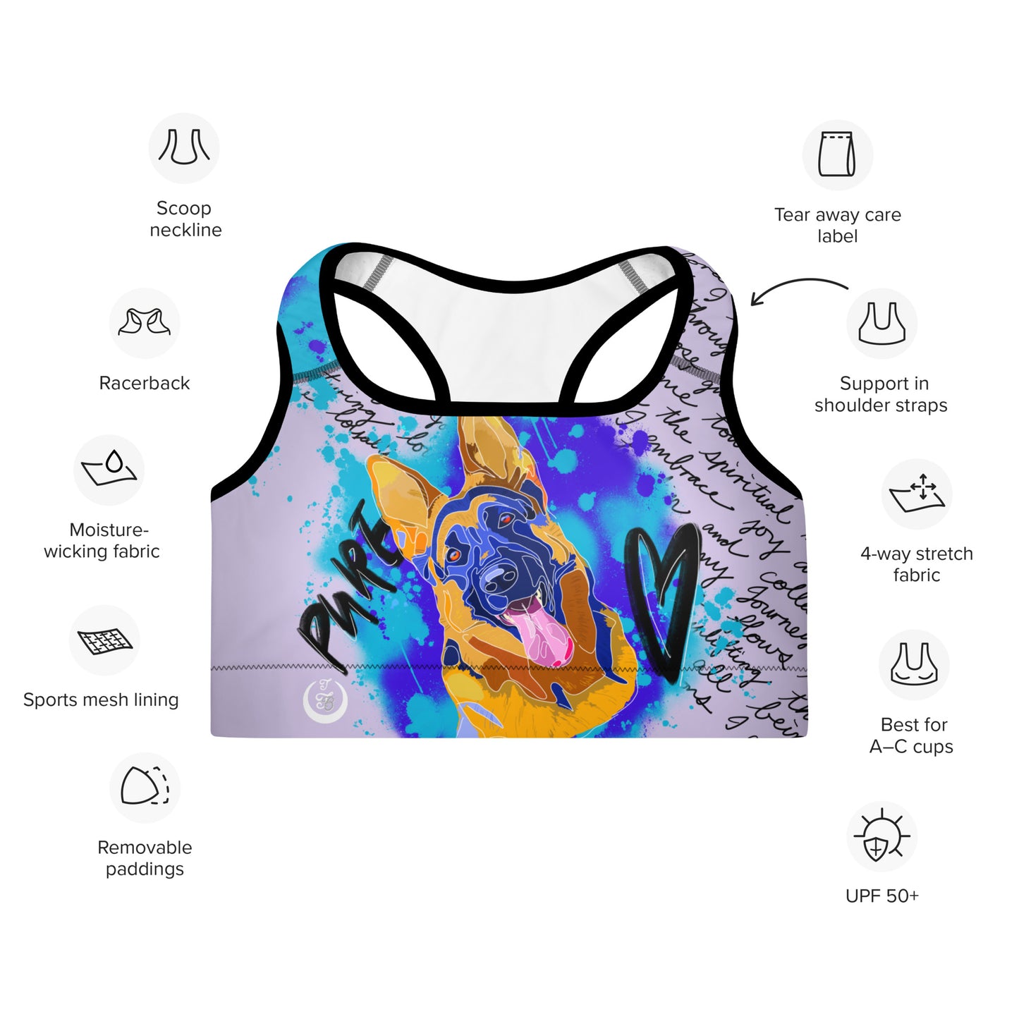 Pure Love German Shepherd Padded Sports Bra --- Lavender
