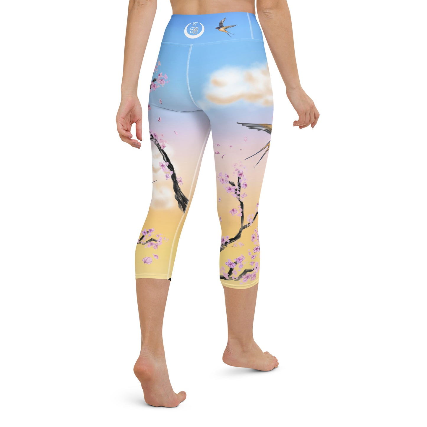Swallow Cherry Blossom Yoga Capri Leggings --- Sunrise
