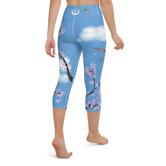 Swallow Cherry Blossom Yoga Capris Leggings | Sky Blue