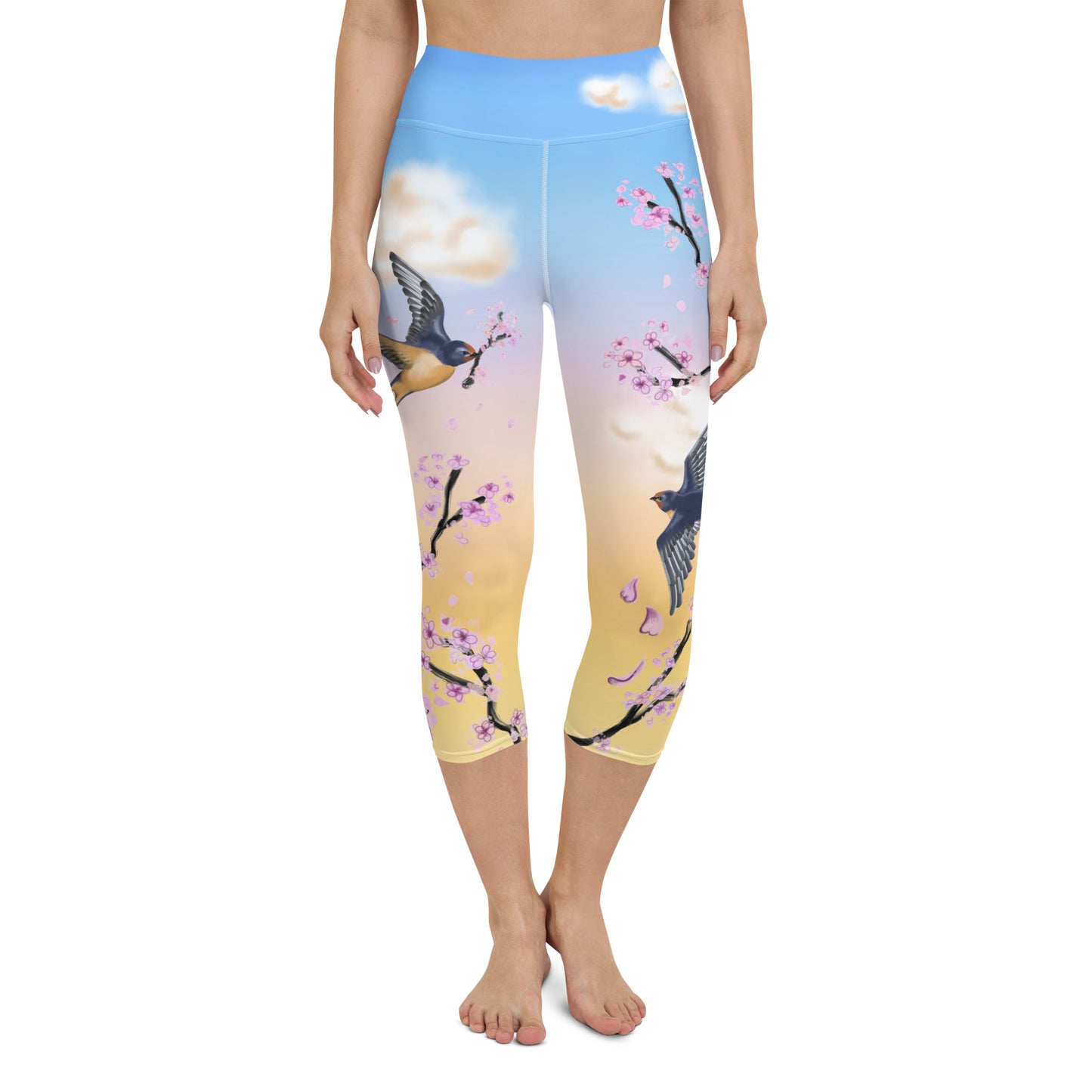 Swallow Cherry Blossom Yoga Capri Leggings --- Sunrise