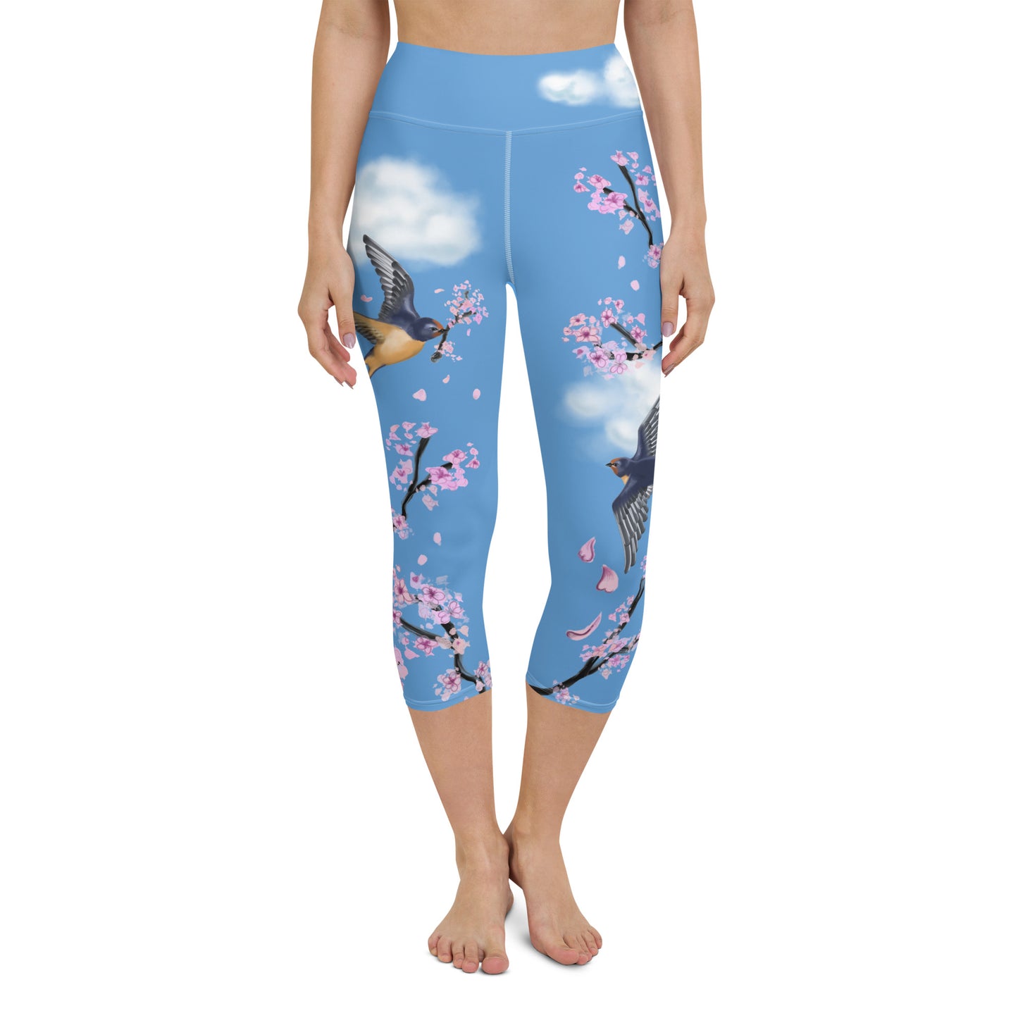 Swallow Cherry Blossom Yoga Capris Leggings --- Sky Blue