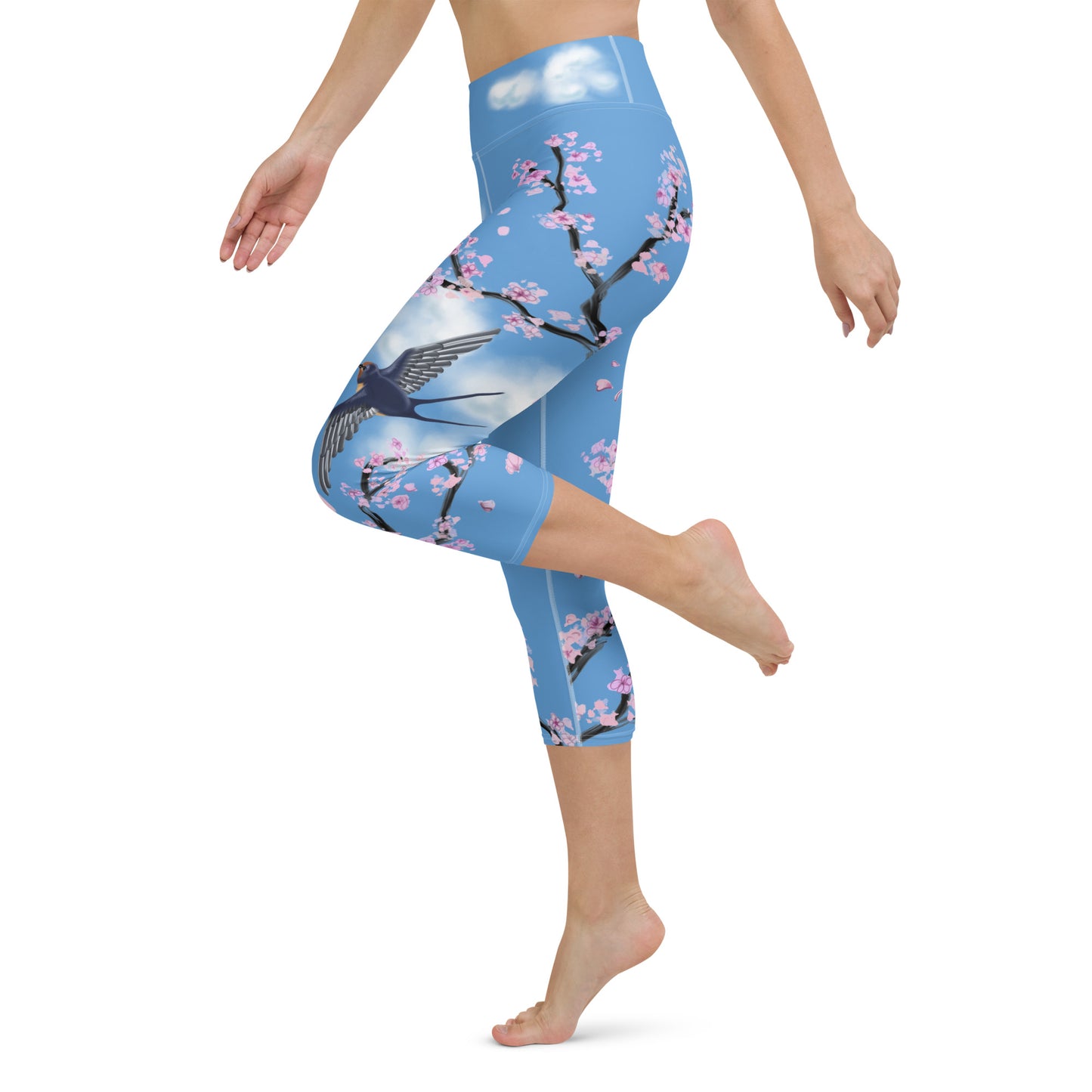 Swallow Cherry Blossom Yoga Capris Leggings --- Sky Blue