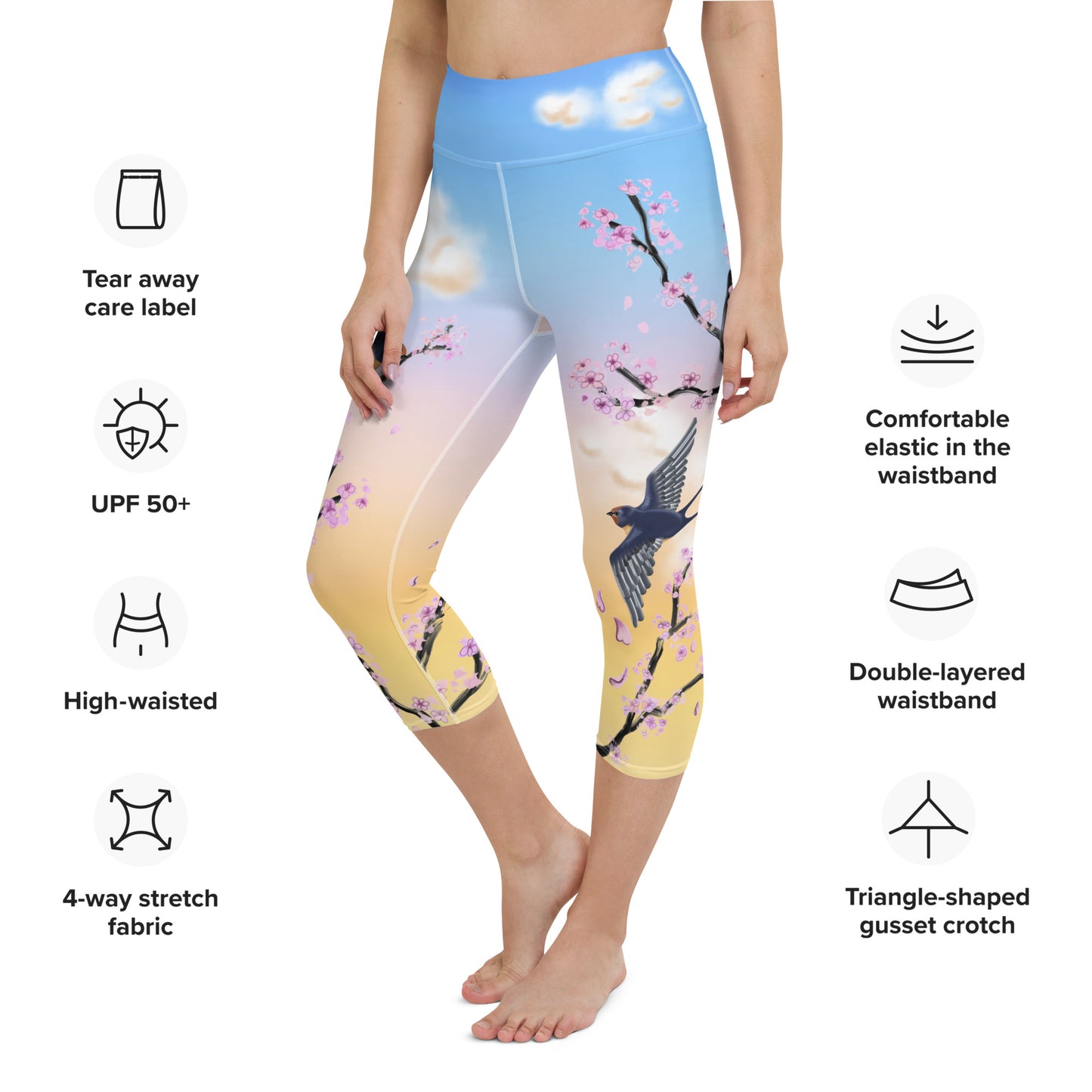 Swallow Cherry Blossom Yoga Capri Leggings --- Sunrise