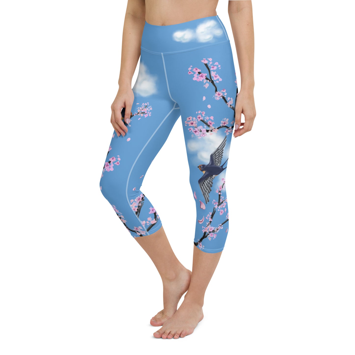 Swallow Cherry Blossom Yoga Capris Leggings --- Sky Blue