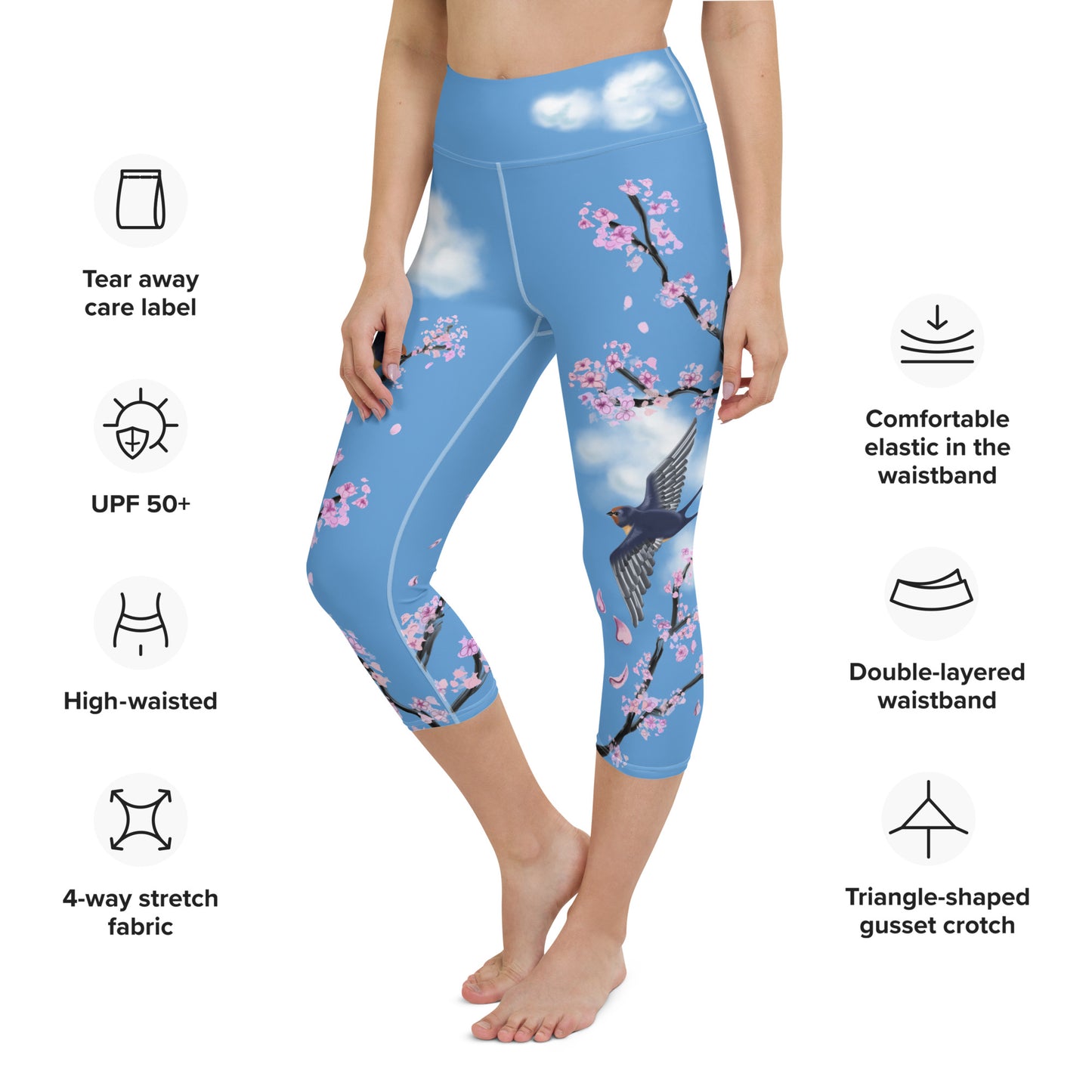 Swallow Cherry Blossom Yoga Capris Leggings --- Sky Blue