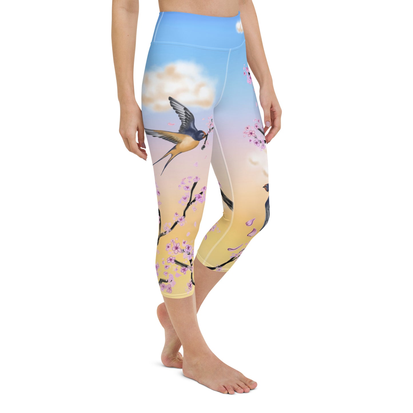 Swallow Cherry Blossom Yoga Capri Leggings --- Sunrise