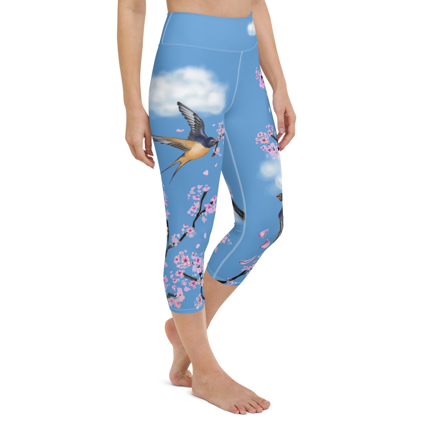 Swallow Cherry Blossom Yoga Capris Leggings --- Sky Blue