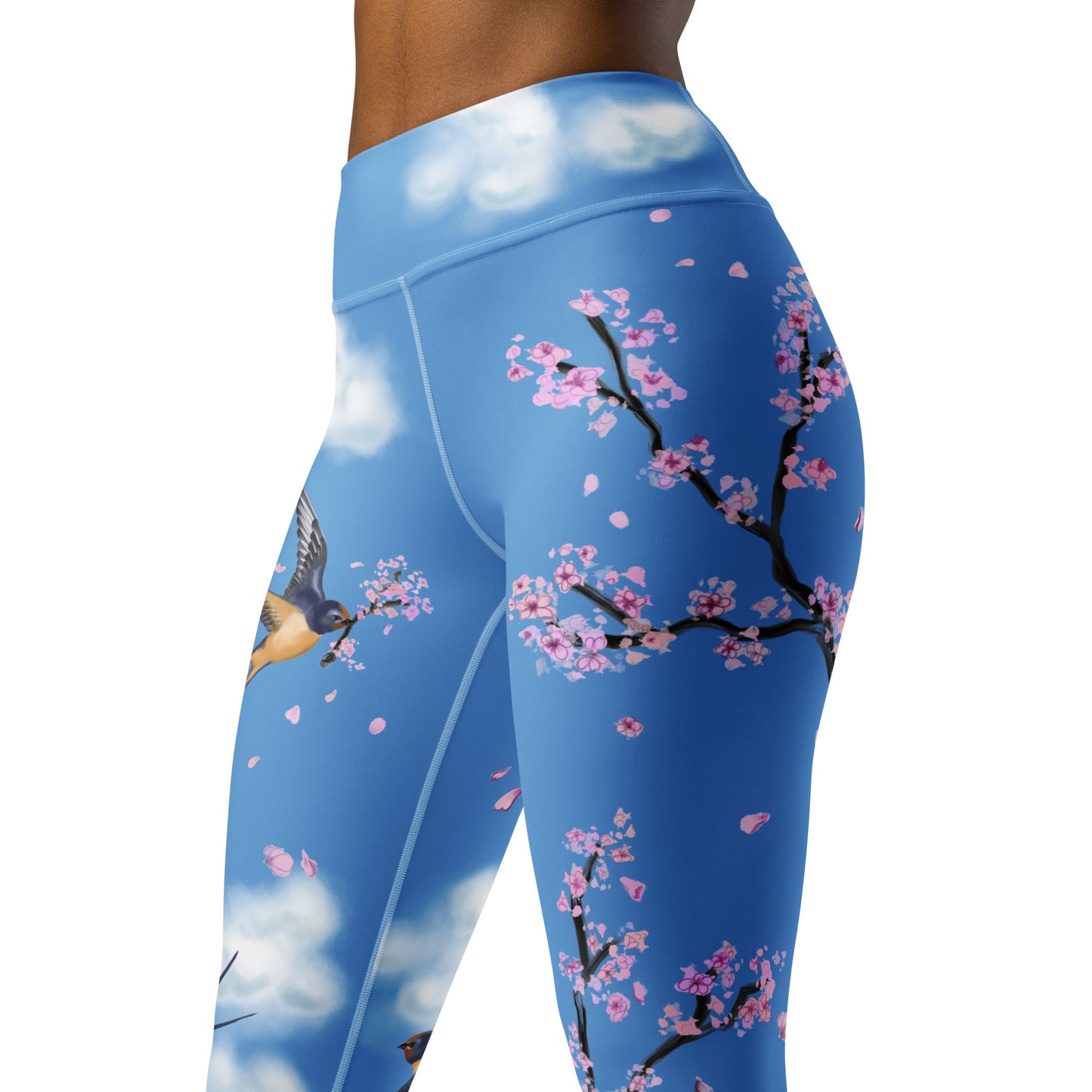Swallow Cherry Blossom Yoga Leggings --- Sky Blue