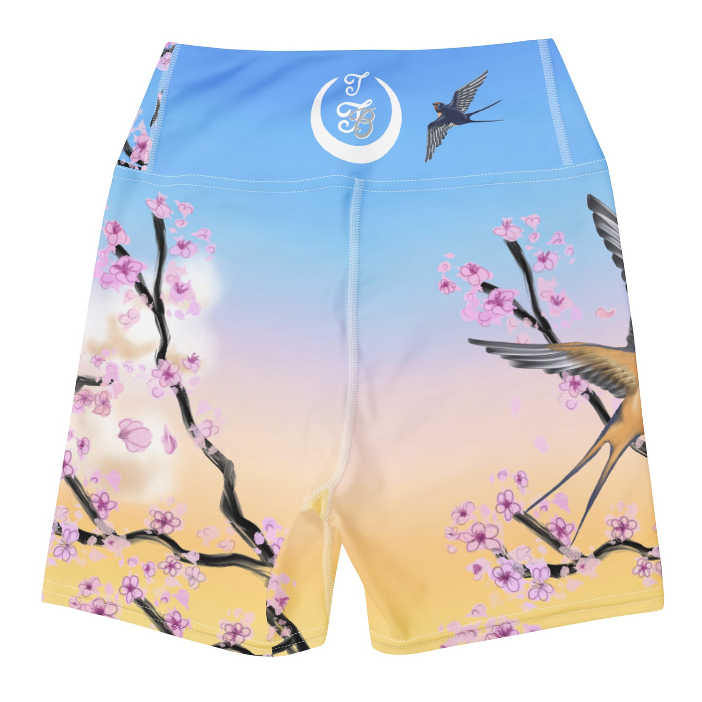 Swallow Cherry Blossom Yoga Shorts --- Sunrise