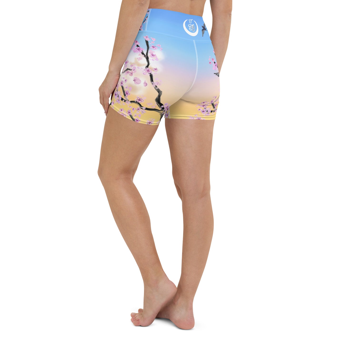 Swallow Cherry Blossom Yoga Shorts --- Sunrise