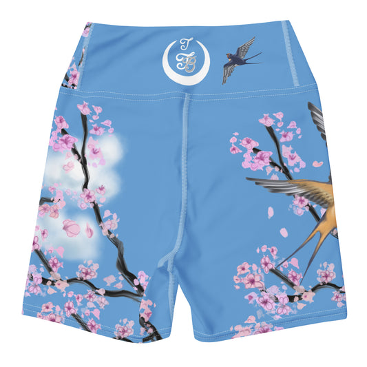 Swallow Cherry Blossom Yoga Shorts | Sky Blue