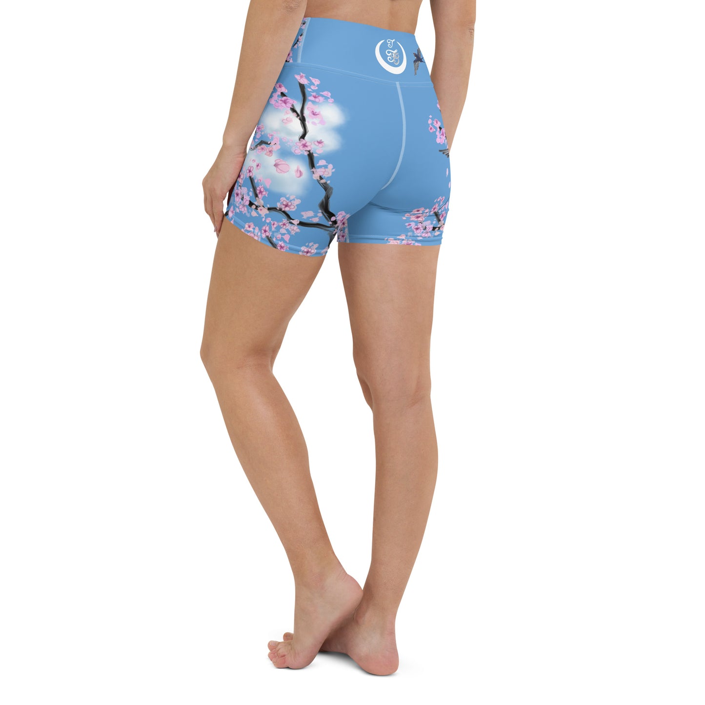 Swallow Cherry Blossom Yoga Shorts --- Sky Blue