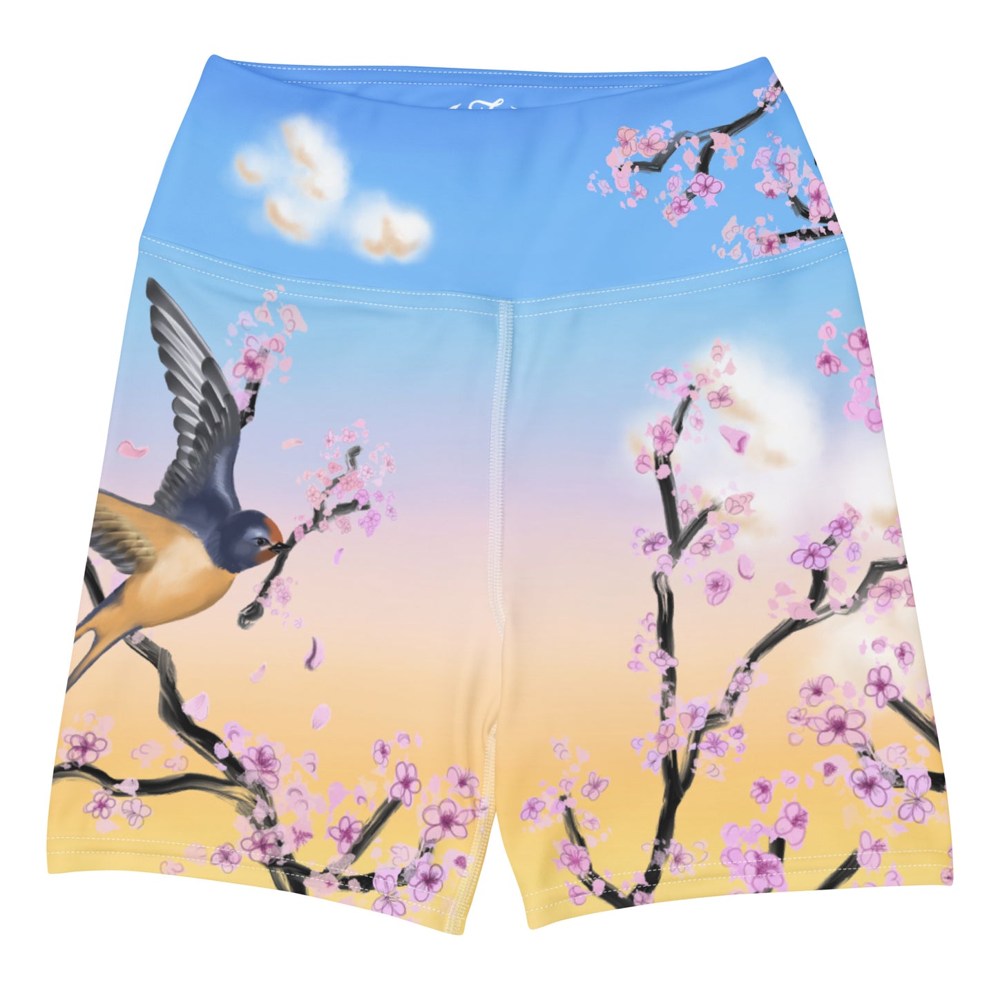 Swallow Cherry Blossom Yoga Shorts --- Sunrise