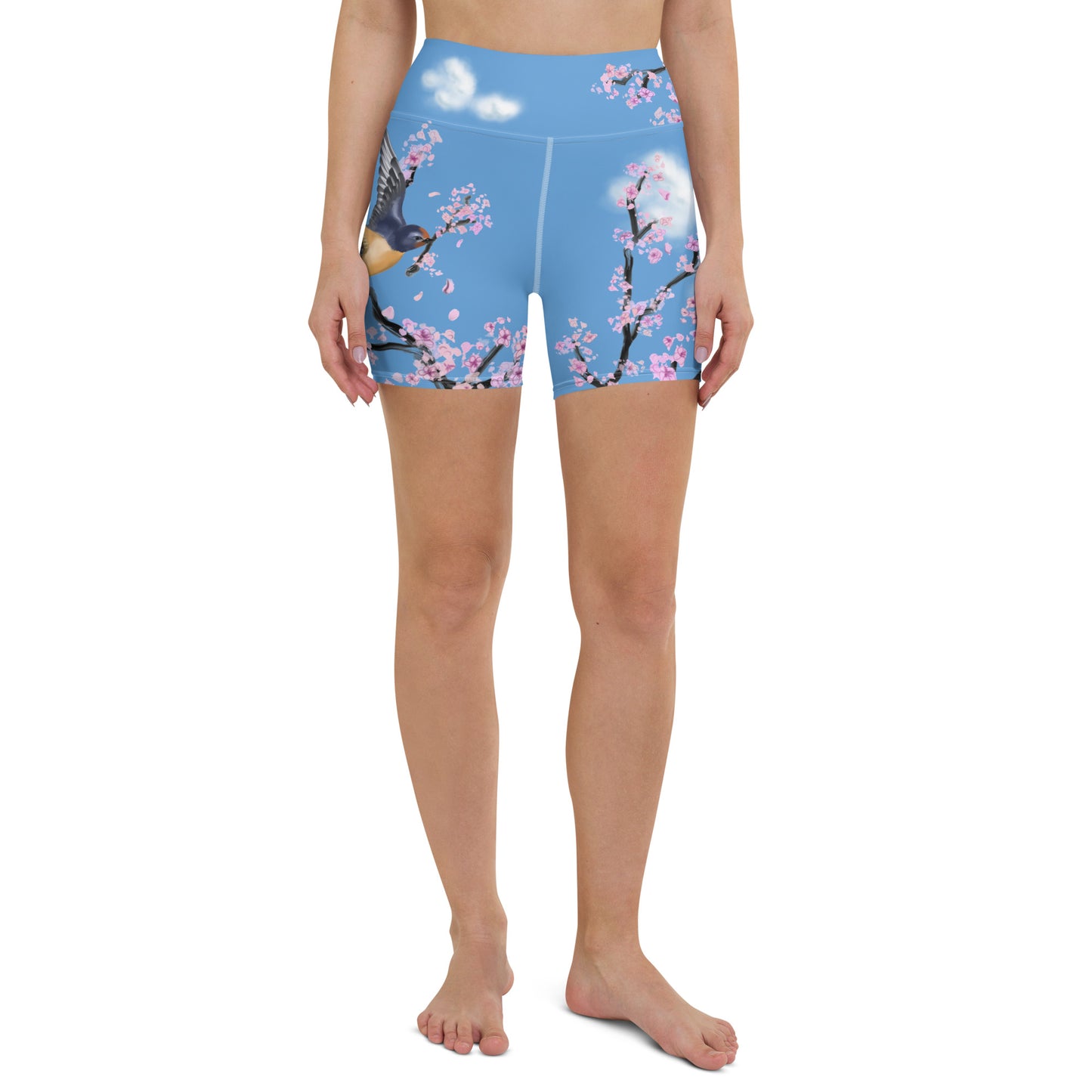 Swallow Cherry Blossom Yoga Shorts --- Sky Blue