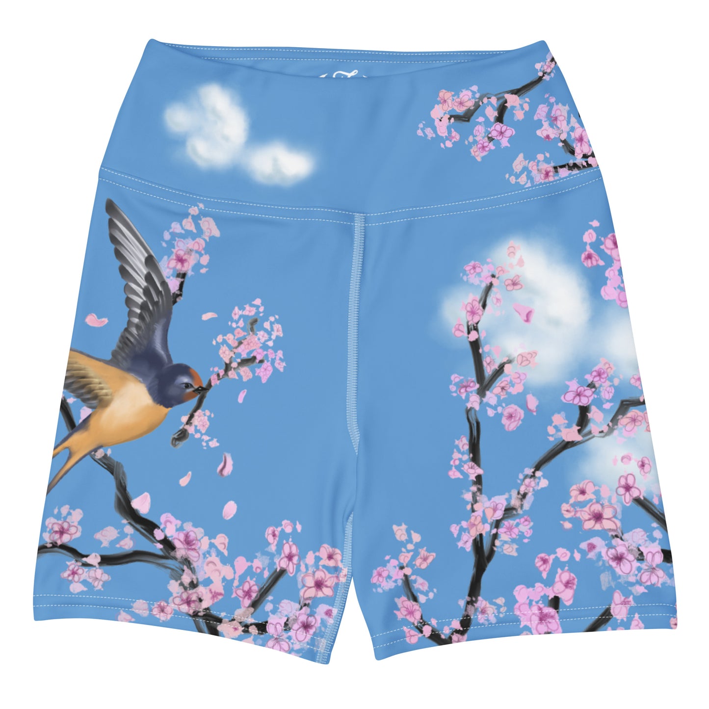 Swallow Cherry Blossom Yoga Shorts --- Sky Blue
