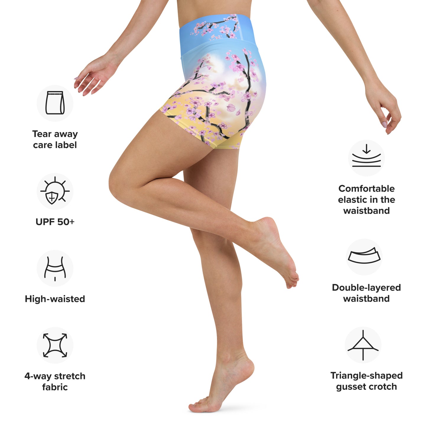 Swallow Cherry Blossom Yoga Shorts --- Sunrise