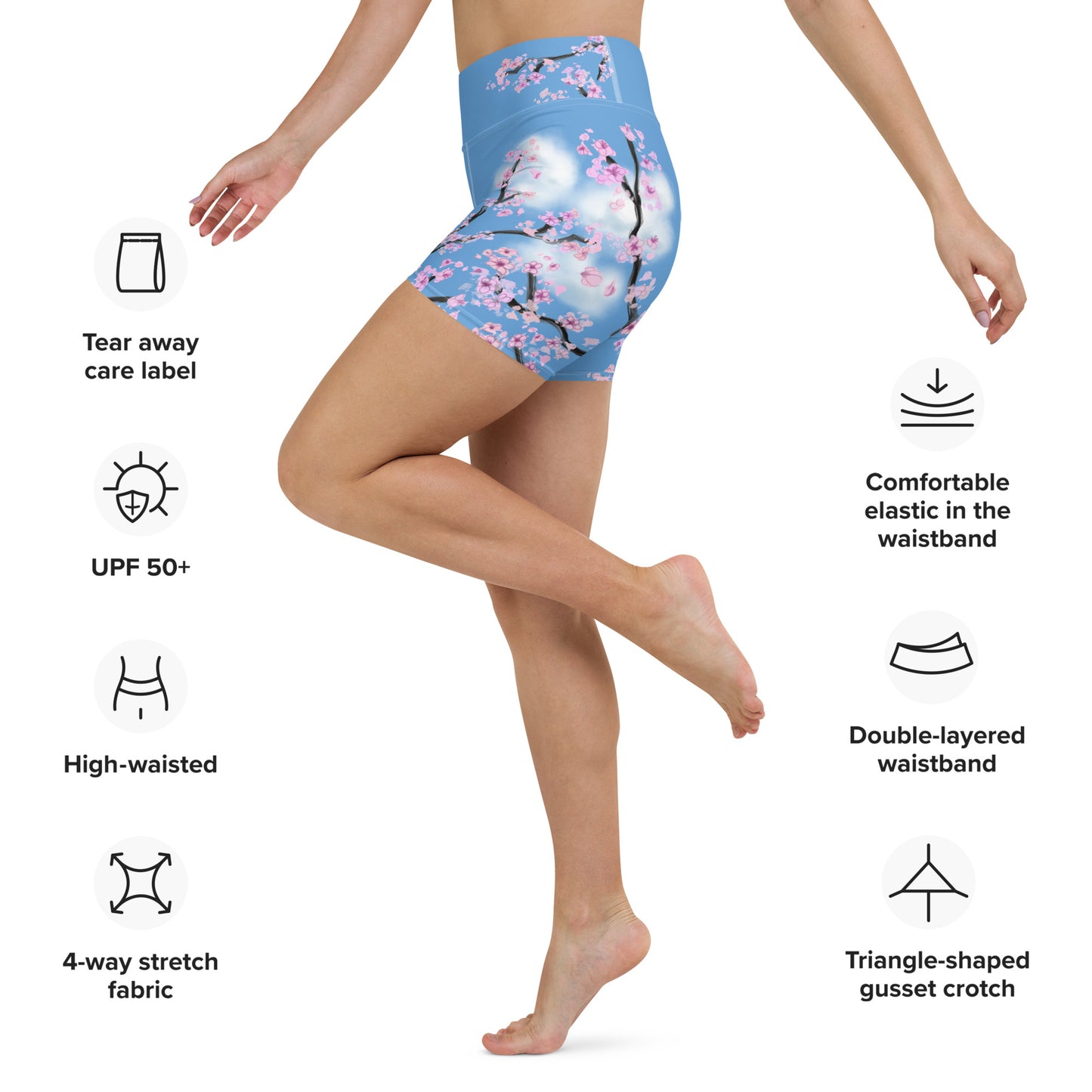 Swallow Cherry Blossom Yoga Shorts --- Sky Blue
