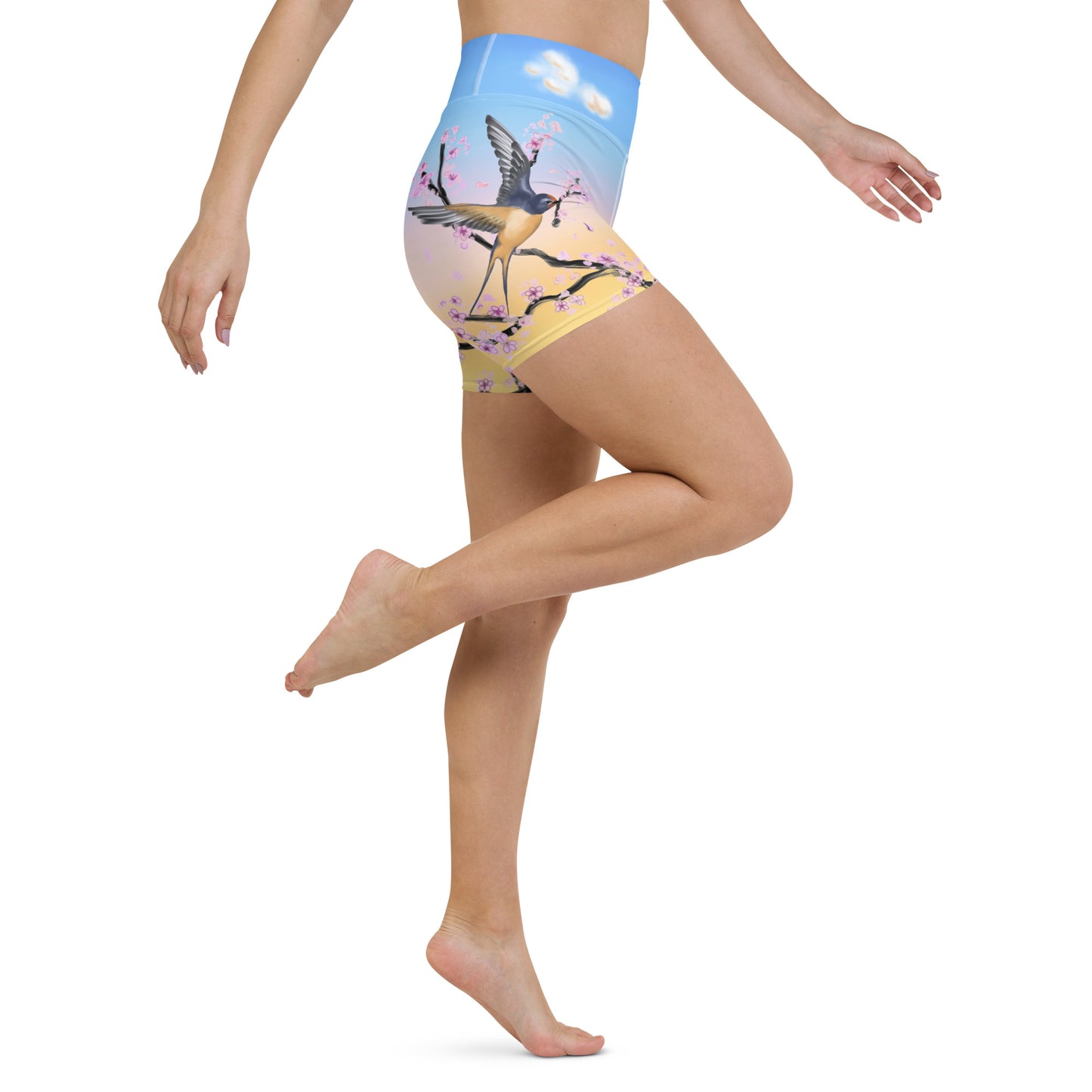 Swallow Cherry Blossom Yoga Shorts --- Sunrise