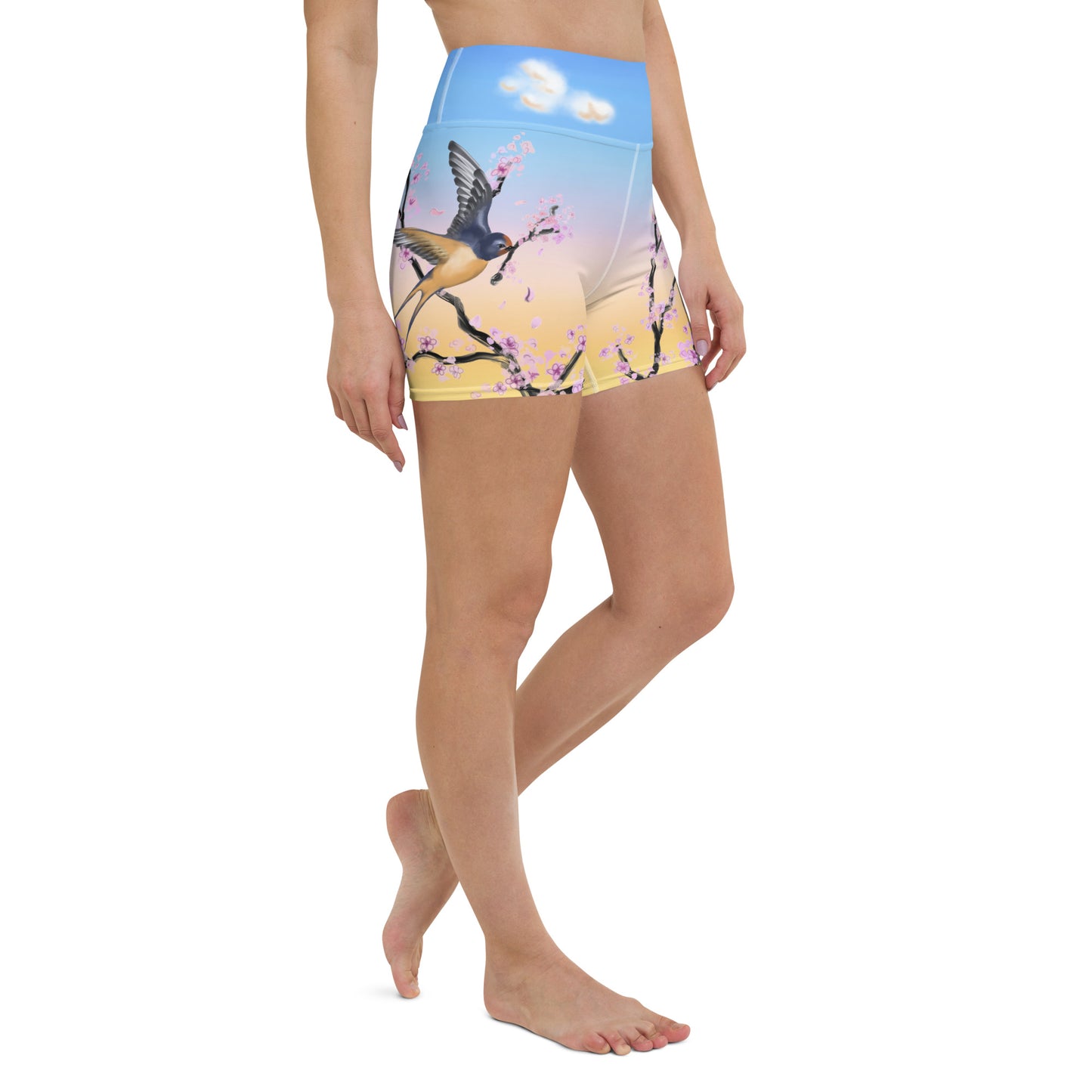 Swallow Cherry Blossom Yoga Shorts --- Sunrise