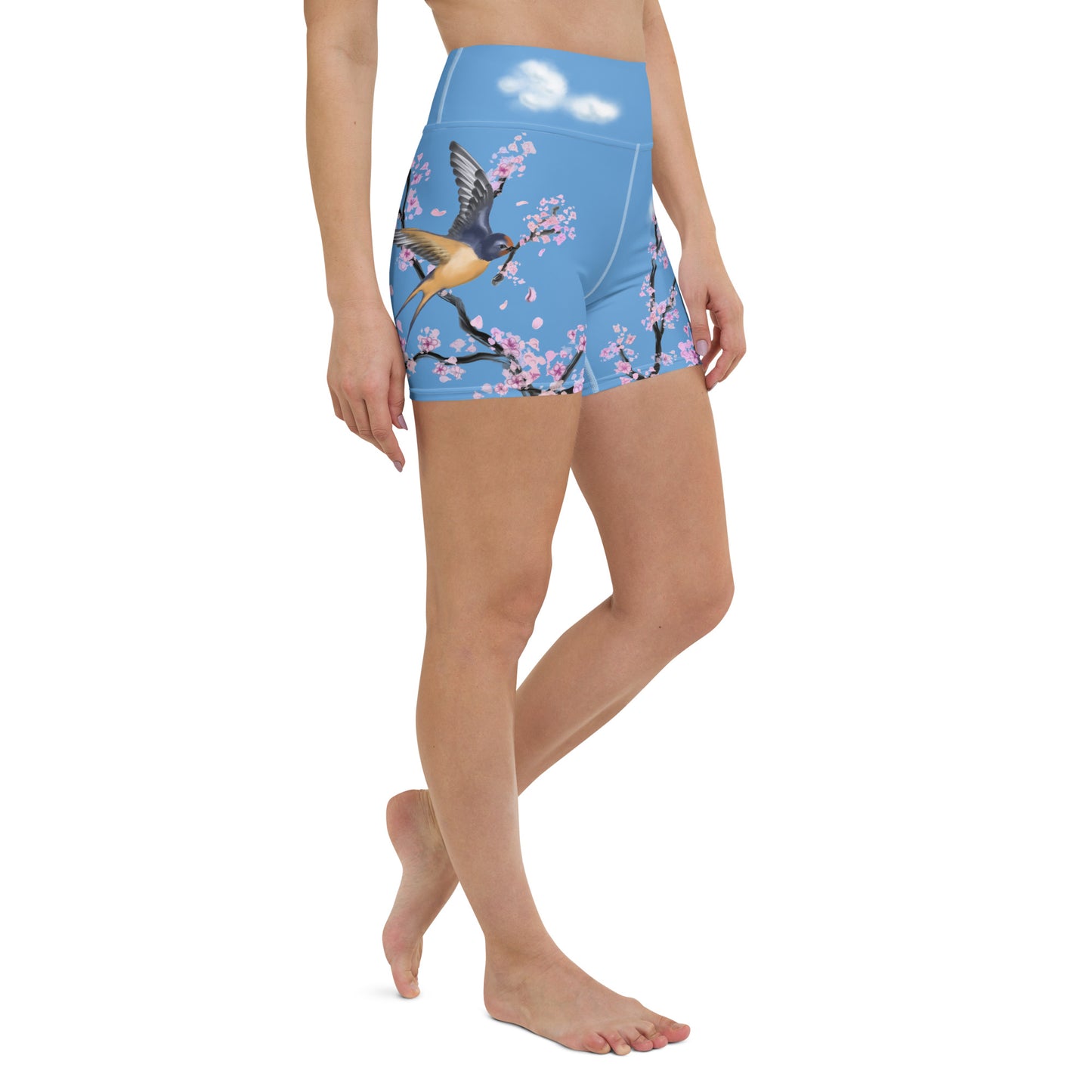 Swallow Cherry Blossom Yoga Shorts --- Sky Blue