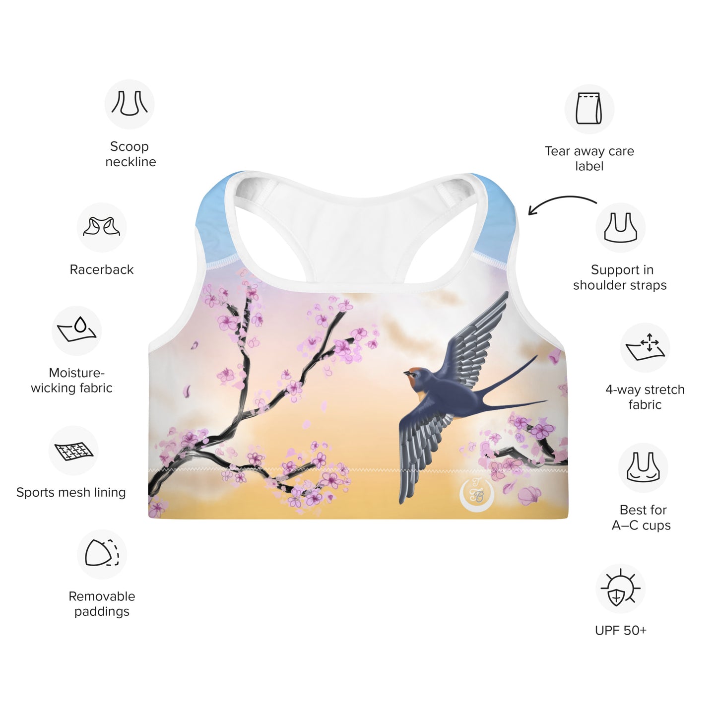 Swallow Cherry Blossom Padded Sports Bra --- Sunrise