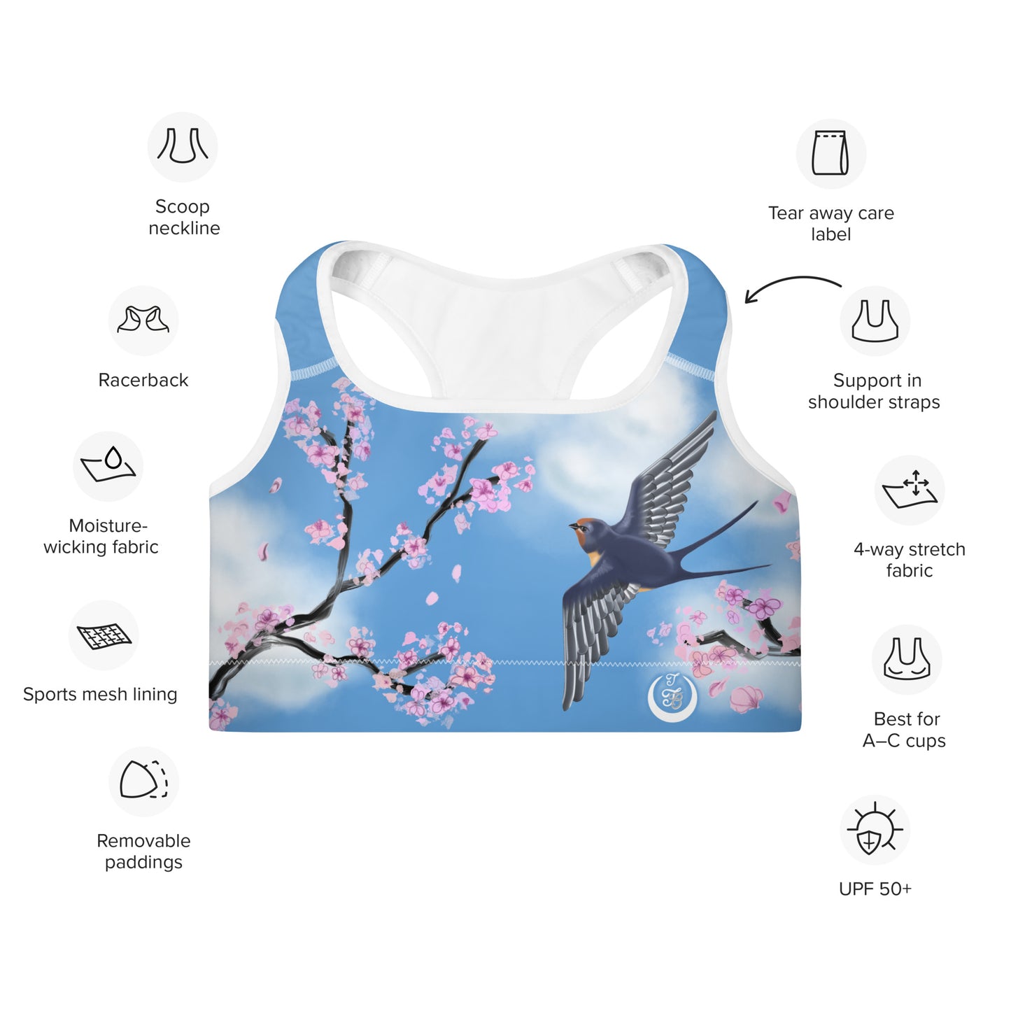 Swallow Cherry Blossom Padded Sports Bra --- Sky Blue