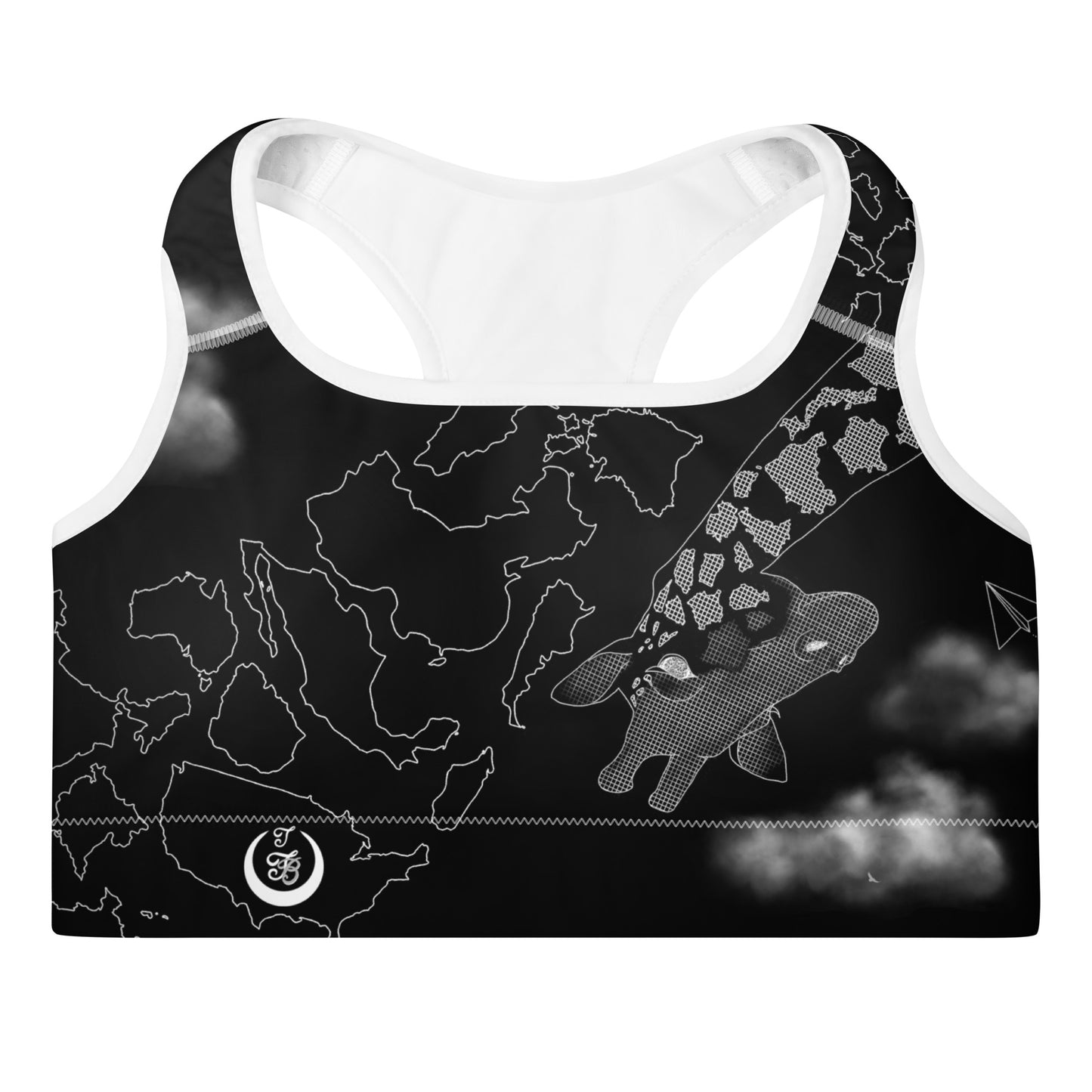 The Ticklish Brush giraffe print black sports bra