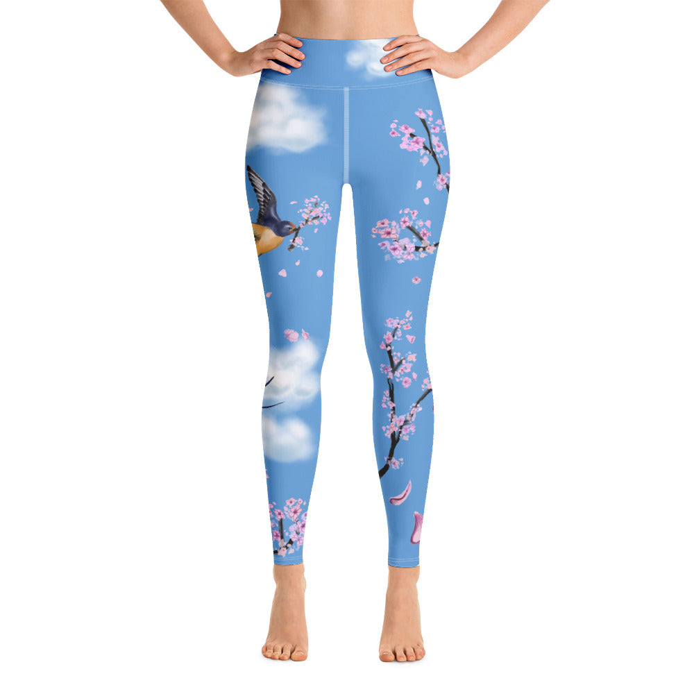 Swallow Cherry Blossom Yoga Leggings --- Sky Blue