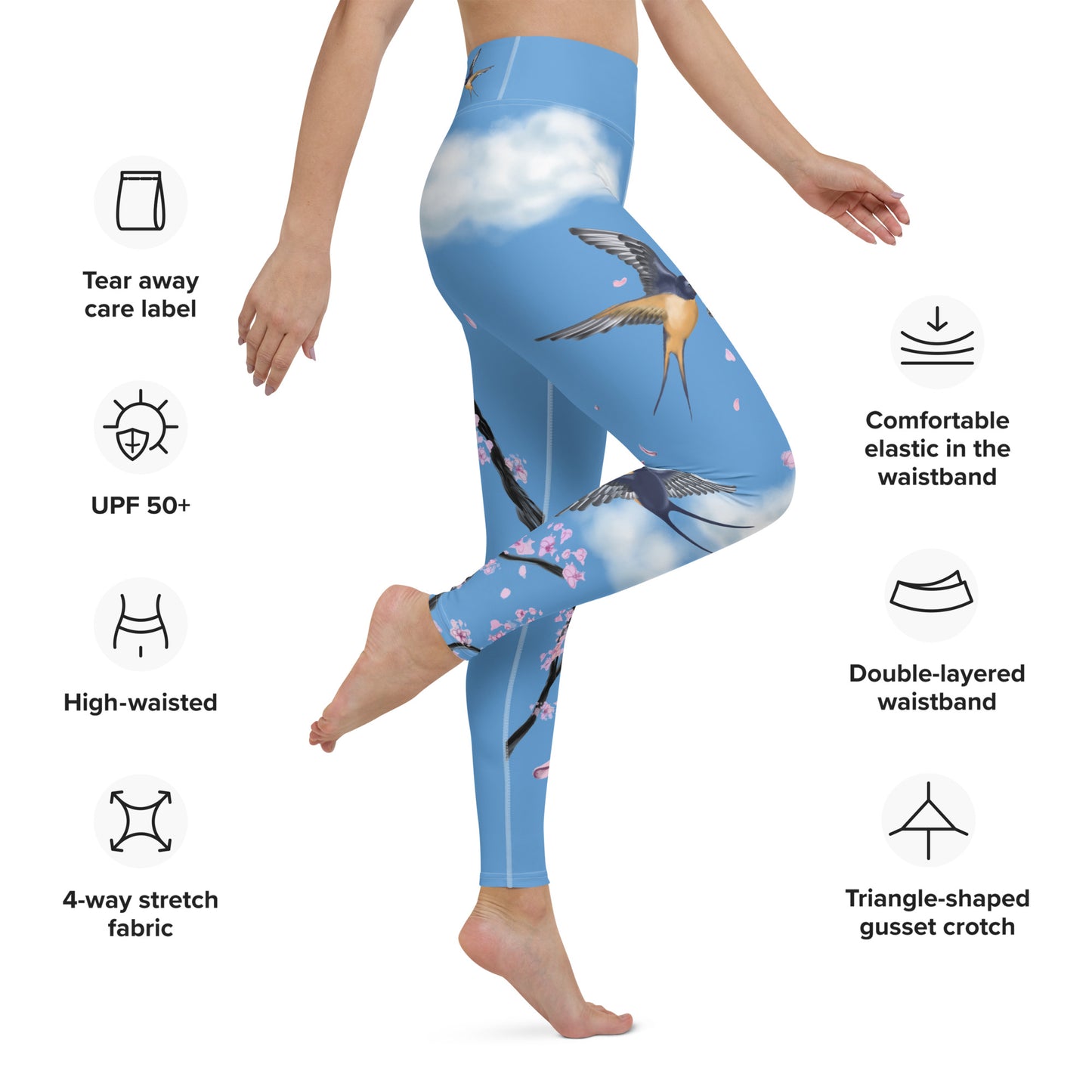Swallow Cherry Blossom Yoga Leggings --- Sky Blue