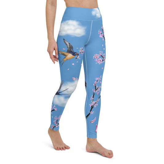Swallow Cherry Blossom Yoga Leggings --- Sky Blue